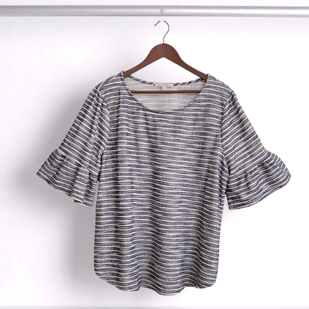 Green Envelope Navy Striped Cotton Blouse with Ruffle Sleeves Sz 2X